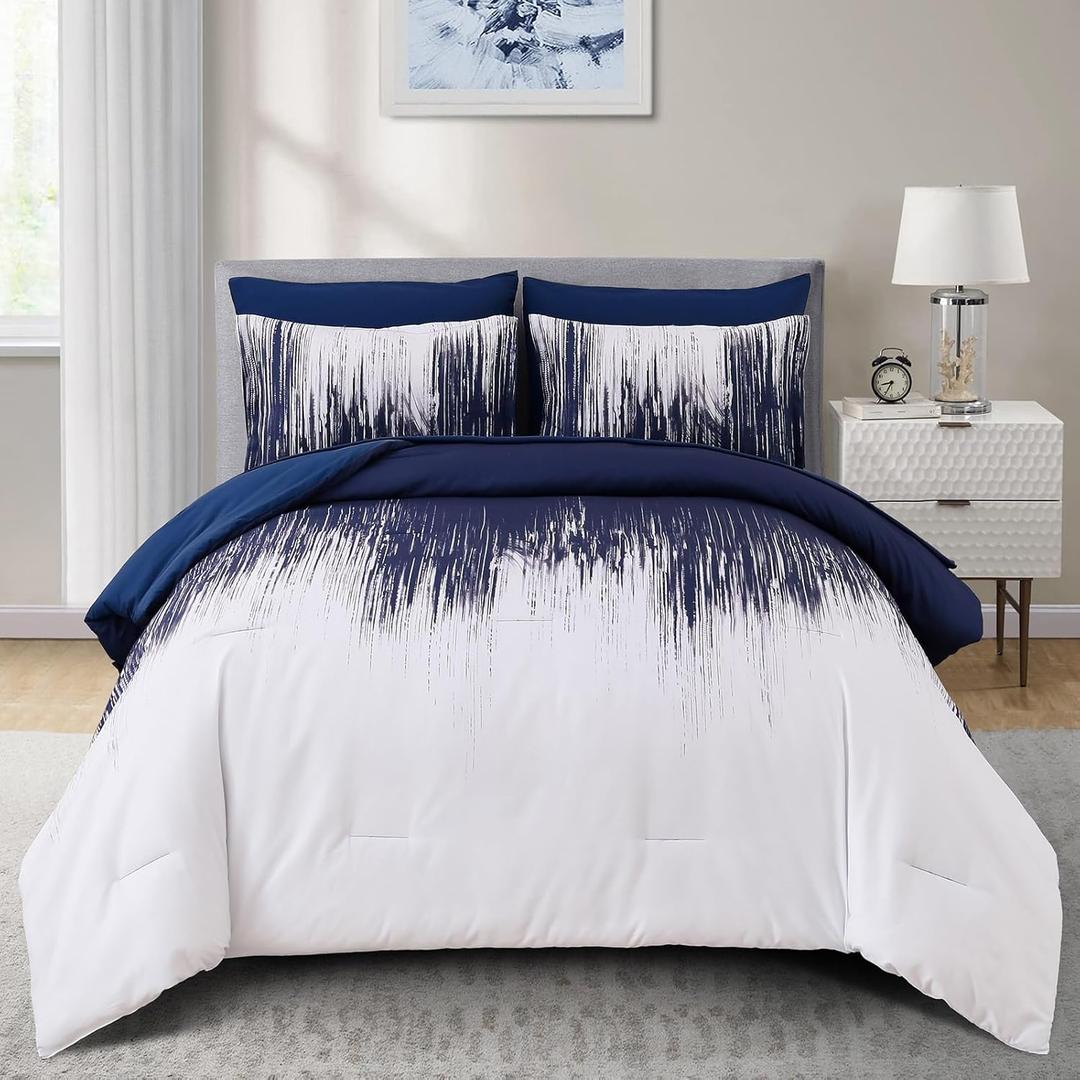 Dinjoy Ombre Blue Comforter Set Full Size Gradient Navy Blue White Boho Bedding Set for Teen Men Women 7 Pieces Bed in A Bag Bohemian Bed Set with Comforter, Sheets, Pillowcases & Shams