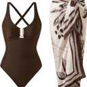 One Piece Swimsuit Women with Cover Up Set Retro Bathing Suit for Women Tummy Control Beach Wrap Skirt (Large, Brown)