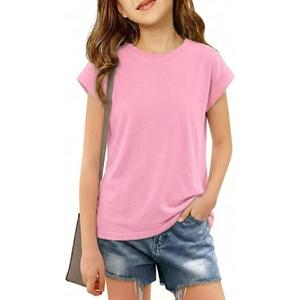 Girls Cap Sleeve T Shirts Kids Summer Crewneck Solid Tops Tees 5-14 Years (Pink)