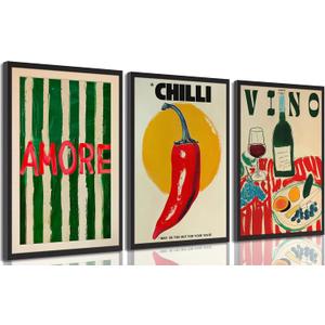 3Pcs Vintage kitchen Canvas Wall Art Abstract Dinner Table Food Wall Decor Colorful Food Lover Maybe Too Hot for Your Taste Poster Print Artwork for Dining Hotel Kitchen Modern Home Decoration (16L" x 12W")