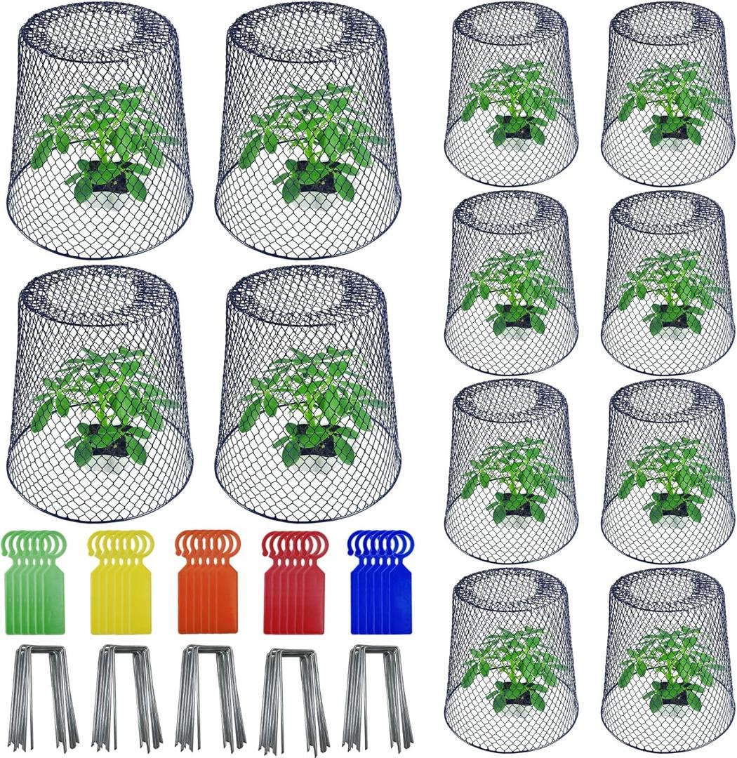12PCS 9.13in Chicken Wire Plant Covers Protectors with 40 U-Shaped Stakes & 30 Labels, Garden Cloches Plants Cages Outdoor, Heavy Duty Metal Plant Protectors from Chicken Bunnies Squirrels Birds