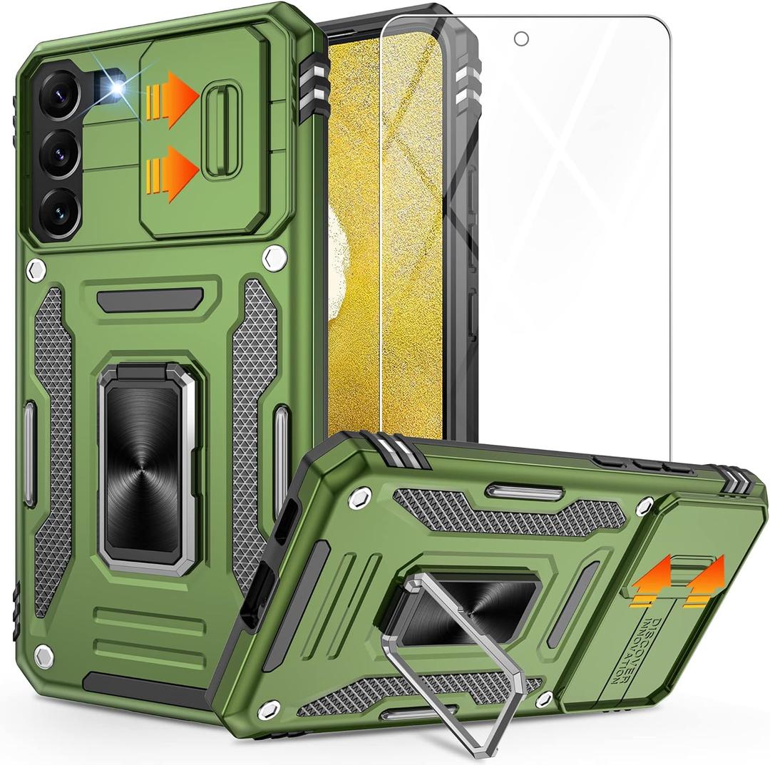 Gritup for Samsung Galaxy S22 Case with 2-Pack HD Screen Protectors and Slide Camera Cover14FT Military Grade Drop ProtectionCar Mounted Magnetic Rotate Kickstand for S22 Cases,Green