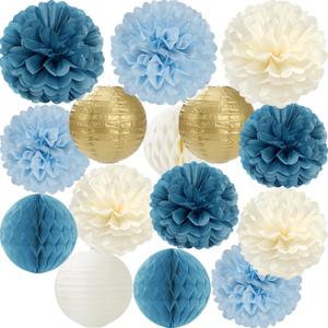 Dusty Blue Champagne Gold Beige Paper Flowers Tissue Pom Poms Honeycomb Lanterns 15pcs Party Decorations Boy Birthday Wedding Baby Bridal Shower Hanging Supplies Mprocherify