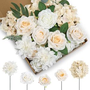 80Pcs Artificial Flowers Combo, Champagne Fake Silk Flowers Decor with Stems for DIY Roses Wedding Party Centerpieces Bridal Bouquets Cake Decorations Arrangements Indoor Outdoor