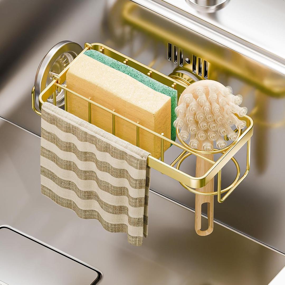 TAILI 4-in-1 Sponge Holder for Kitchen Sink with Strong Suction Cup Removable, Rustproof Aluminum Sink Caddy for Sponge, Brush, Scrubber, Scraper -Gold