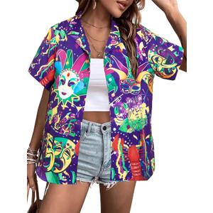 Mardi Gras T-Shirt Hawaii Shirts Women Street Carnival Themed Masks Graphic Tees Beach Vacation Short Sleeve Button Up Tops, S