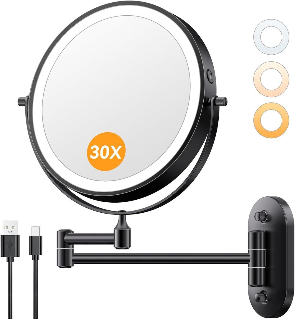 Auxmir 1X/30X Wall Mounted Lighted Makeup Mirror, 8" Rechargeable Double-Sided Magnifying Mirror with Light, Touch Dimmable 3 Color Light, 360 Rotation Foldable Extended Arm, Black