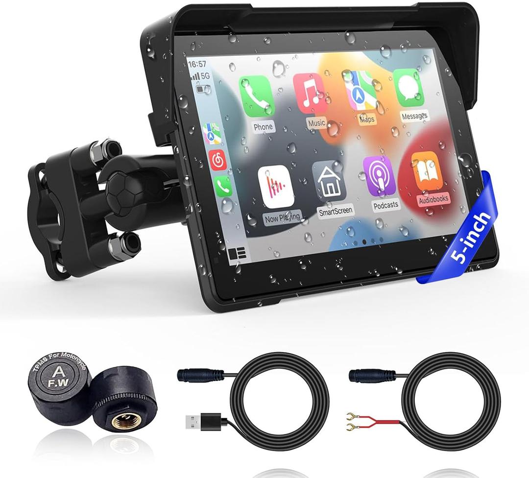 Wireless Motorcycle Apple Carplay,5 Inch Portable Motor GPS Navigation with Apple Carplay & Android Auto,Siri & Google Assistant, Anti-Glare/Bluetooth 5.2/ Voice Control/ IP69K Waterproof Touchscreen