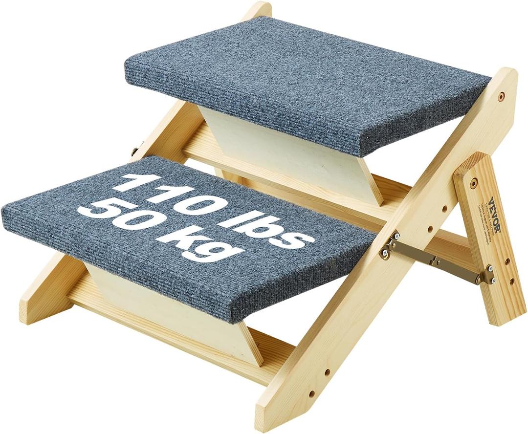 VEVOR Wood Pet Stairs/Pet Steps, 2-in-1 Foldable Wooden Dog Stair for Beds, Sofa and Cars, Dog Stairs & Ramp with 2 Steps for Small Medium Large Pet, up to 110 lbs
