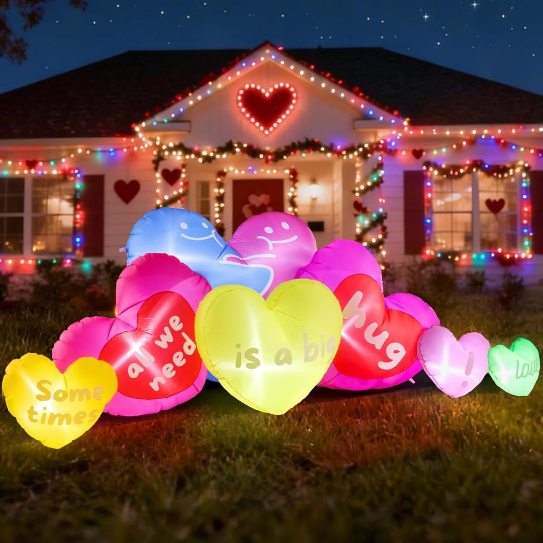 9.5FT Long Valentine Inflatables Outdoor Decorations - Valentine's Day Inflatable Seven Love Hearts Blow up Decoration, Built-in LED Lights Valentines Inflatables Wedding Yard Party Decor