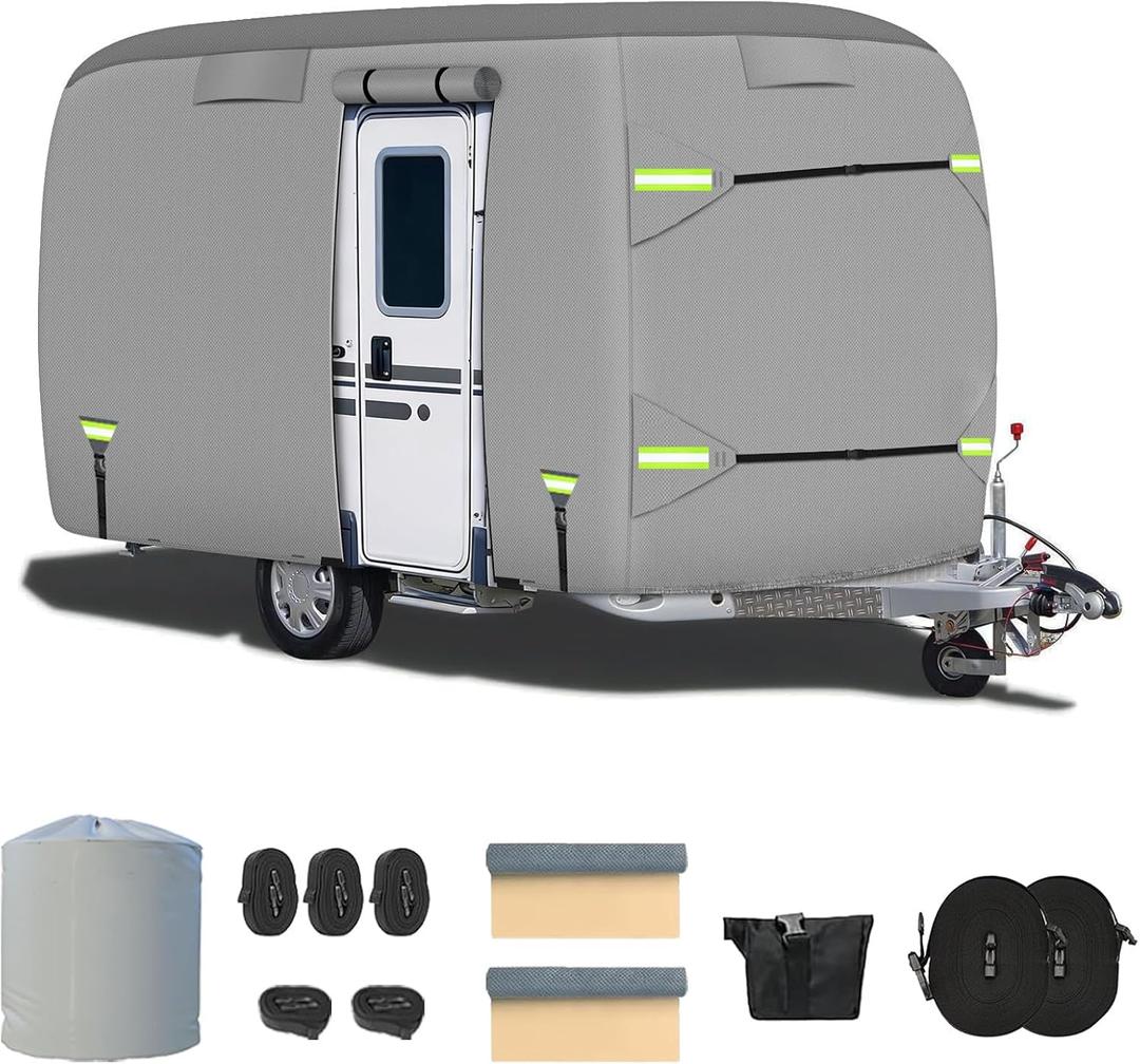 Fiberglass Travel Trailer Cover, Upgraded 8 Layers Top Fits 13-16 to 10 Feet Trailers, Waterproof Camper Cover, RV Cover with Extra Windproof Ropes, Adhesive Repair Patche