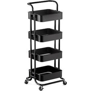 Pipishell 4 Tier Mesh Utility Cart, Rolling Metal Organization Cart with Handle and Lockable Wheels, Multifunctional Storage Shelves for Kitchen Living Room Office White, PIUC12B