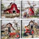 Country Red Barn Wall Art Farmhouse Kitchen Decor Rustic Old Barn Picture Wall Decor Vintage Windmill Tractor Canvas Prints Farm Animals Cow Paintings Artwork Living Room Home Decoration 12x12" 4Pcs