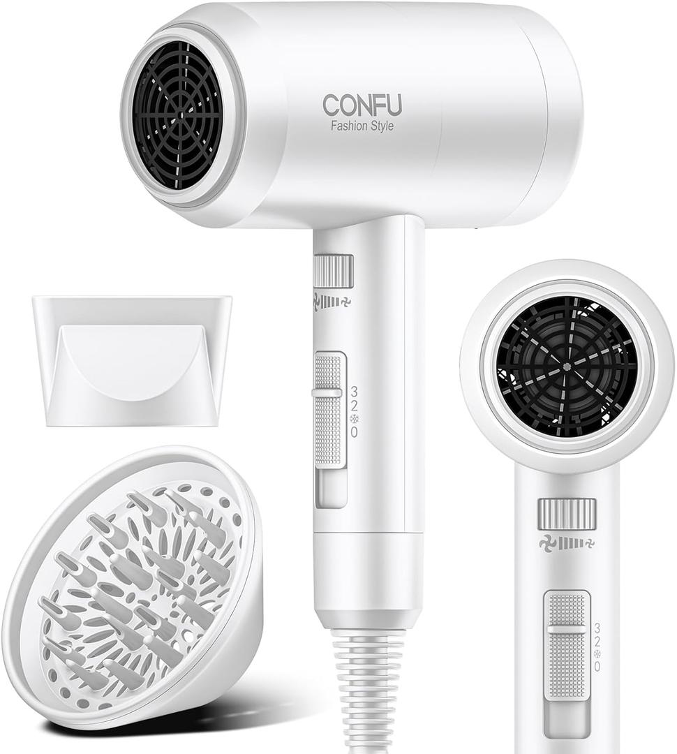 Hair Dryer with Diffuser, CONFU Blow Dryer for Curly Hair for Women Men, 21000PRM Travel Hair Dryer, Portable Lightweight Fast Drying Negative Ion Hairdryer for Home & Travel (White)