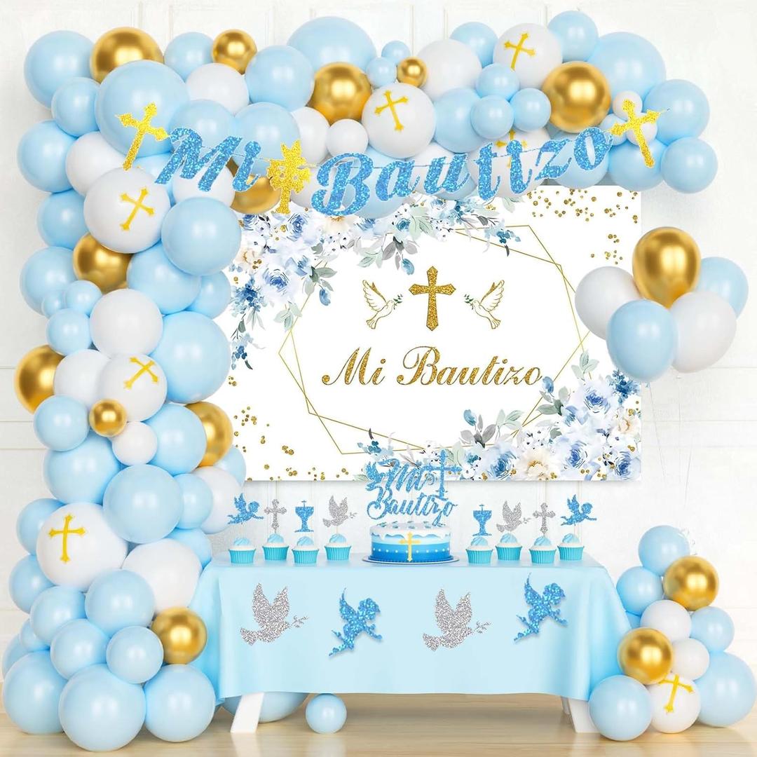 Mi Bautizo Decorations for Boys, Baptism First Communion Christening Decorations, God Bless Party Supplies Backdrop Blue Gold Balloon Garland Arch Glitter Banner Cake Cupcake Topper Cutouts