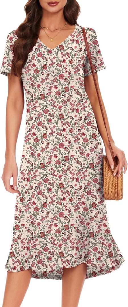 VOBCTY Women's Casual Short Sleeve Tshirt Dress Summer Side Split Loose V Neck Dresses (X-Large, 02-15b)