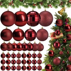 Wettarn 50 Pcs Christmas Ball Ornaments 4'' 3.2'' 2'' 1.2'' Xmas Tree Shatterproof Ornament Decorate with Hanging Loop for Holiday, Party Decorations, Matte, Shiny, Disco Mirror, Glitter(Burgundy)