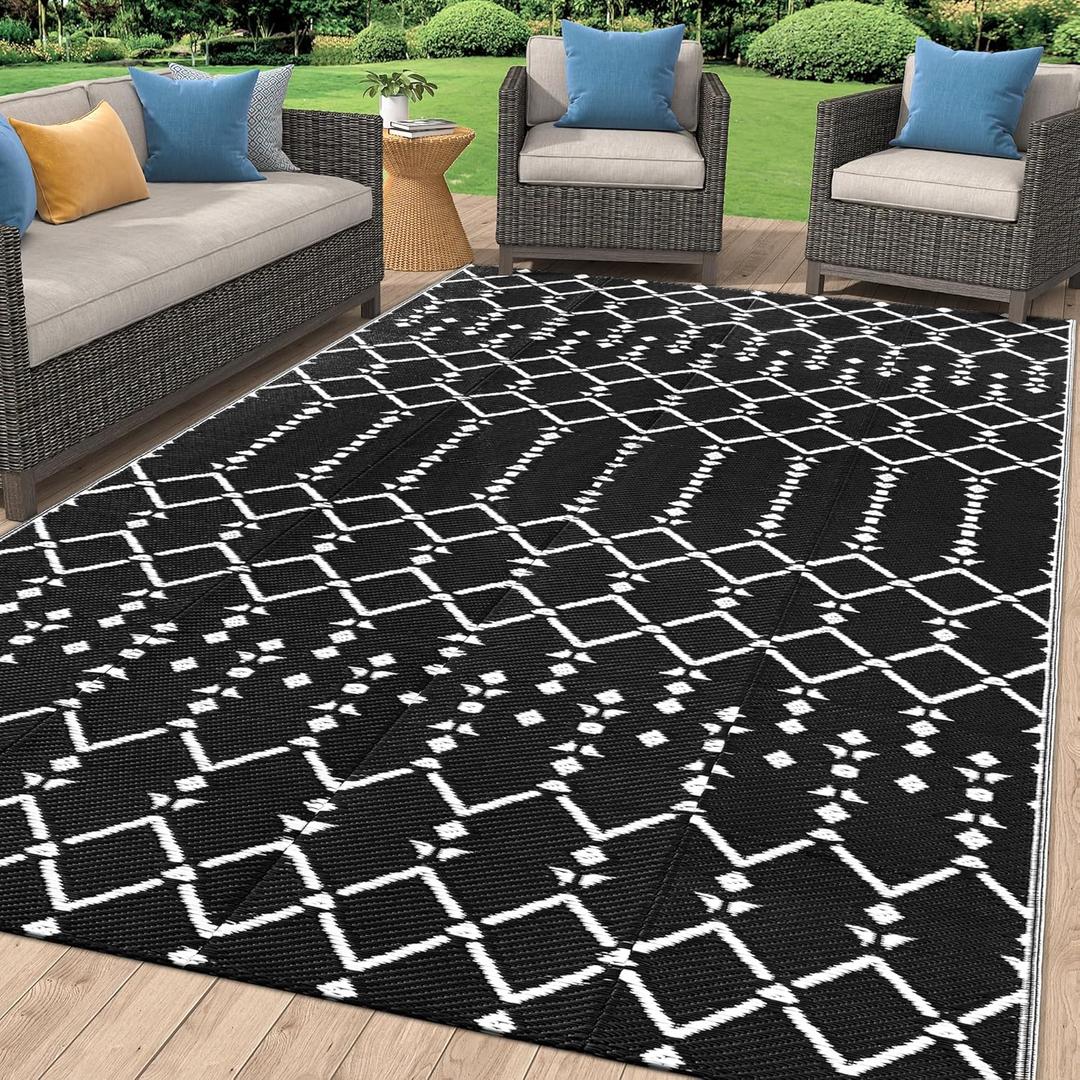 Smiry Outdoor Rug 6x9 ft, Waterproof Reversible Plastic Straw Rugs, Boho Outdoor Area Rug, Outside Floor Mat for Patio, Backyard, Deck, Picnic, Beach, Camping, Black