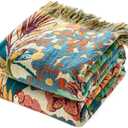 MSGKV Boho Throw Blanket for Couch 50"x60" 100% Cotton Vine Embroidery Blanket Bed Chair Sofa Blankets Muslin Spring Breathable All Seasons Lightweight Farmhouse Blankets Home Decor