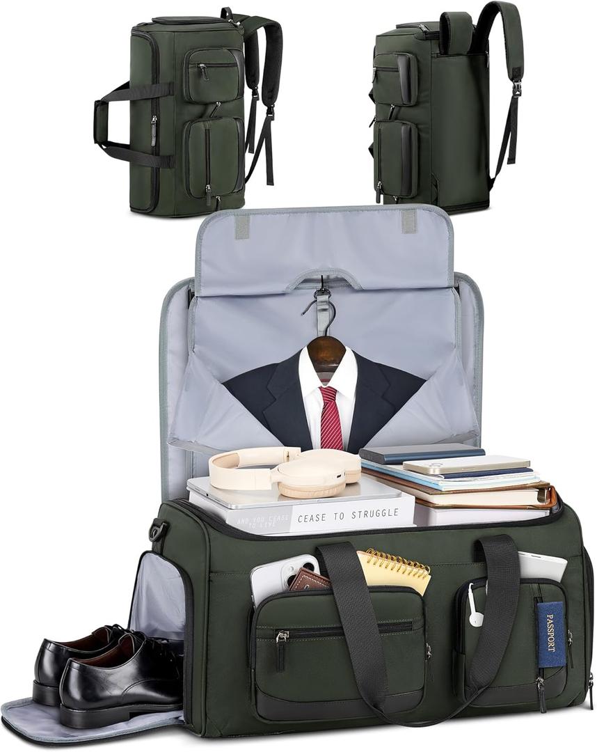 RAINSMORE Garment Bags for Travel, 45L Convertible Garment Duffle bag for Hanging Clothes, 3 in 1 Suit Travel Bag for Business Trips with Shoulder Strap, Carry On Suit Luggage for Men Women, Green