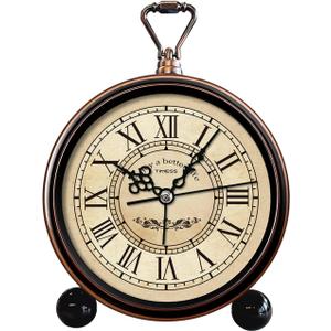 TIMESS Vintage Analog Alarm Clock, 4.3" Silent Non-Ticking Quartz Desk Clock with Roman Numerals, Battery Operated Table Clock for Bedroom, Living Room, Office, or Gift (White) (Brown)