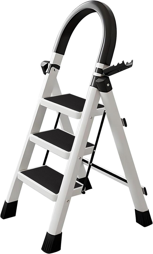 Garstc 3 Step Ladder, Heavy Duty Aluminum Step Stool Ladder with Anti-Slip Pedals & Rubber Feet, Secure Lock System & Space-Saving Folding Design, Portable for Home, Office, Warehouse (330LBS)