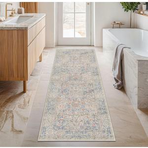 Washable Bathroom Runner Rug 2x6 - Long Runner Rugs for Laundry Room, Bedroom, 24 x 72 Kitchen Floor Mat - Non Slip Vintage Design Dcor, Beige Blue