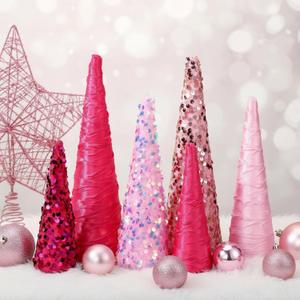 Anglechic 6 Pcs 10" 8" 6" Pink Valentines Cone Trees Decoration Glitter Velvet Table Centerpiece Valentines Pink Tabletop Ornaments for Xmas Tabletop Home Crafts Wedding Holiday Party Room Decoration