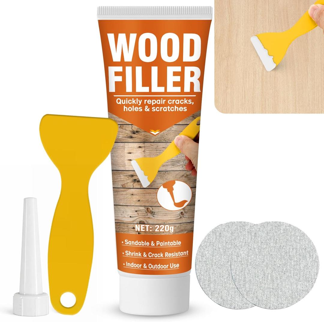 Wood Filler,220g Paintable & Sandable Wood Putty Low Odor, Shrink & Crack Resistant-Quick Repair for Cracks, Holes and Damage-For Indoor & Outdoor Wood Repair(White)