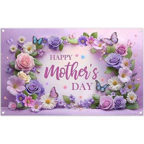 Swepuck 72x43inch Fabric Happy Mother's Day Purple Backdrop Rose Butterfly Daisy Floral Romantic Photography Background Thanks Mama Party Decorations Photo Booth Banner