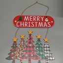 Merry Christmas Door Decorations Sign, Wooden Christmas Tree Wreaths for Front Door, Buffalo Plaid Wooden Wall Sign - Welcome Hanging Decor, Indoor & Outdoor