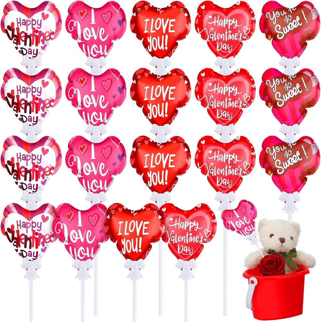 Gemscream 24 Pcs Valentines Day Balloons Self Inflatable Heart Balloons with Bow Rod 4 Inch Valentine Decoration for Wedding Birthday Engagement Party Supplies