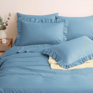 Horbaunal Blue Ruffle Sheets Twin Size 4 Piece, Fits 16" Deep Mattress, Microfiber Blue Twin Sheets with 1 Ruffled Pillowcases, Shabby Chic Bed Sheet Set