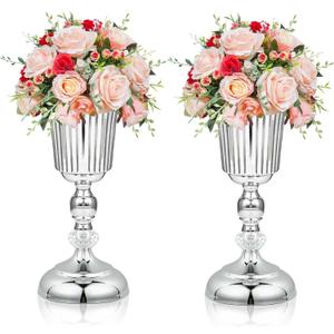 2PCS Silver Metal Flower Trumpet Stripe Vases Crystal Table Centerpieces Artificial Flower Arrangements for Anniversary Celebration/Wedding/Party/Birthday Event Aisle Home Decor