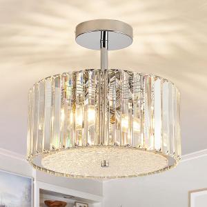 Modern Crystal Chandelier, 12" Small Semi Flush Mount Ceiling Light Fixture 3-Light, Chrome Chandelier with Crystals & Wavy Acrylic Base Hallway Lighting Fixtures for Bedroom Entryway Kitchen Closet,11.8-Inch Chrome