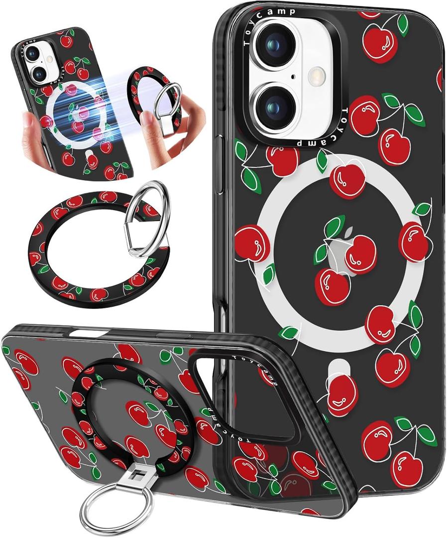 Toycamp for iPhone 16 Case Compatible with Magsafe - Cute Design 360 Magnetic Ring Holder Stand Kickstand Funny Cherry Girly Pretty Fashion TPU Phone Covers for Women Tenn Girls