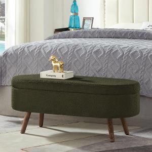 24KF Elegant Oval Entryway Bench with Wood Legs, Upholstered Cozy Teddy Fabric Storage Bench Ottomans for Living Room & Bedroom, 5068-Teddy-Dark Green