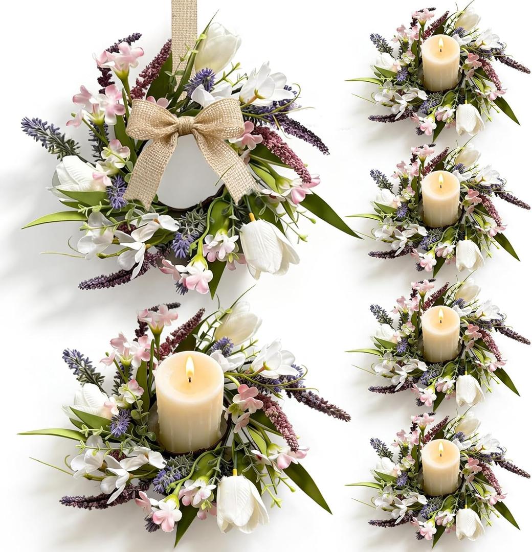 6 Pcs Mini Spring Tulips Candle Rings Wreaths Artificial Purple Lavender Small Pillar Holder Wreath Summer Floral Candle Holder Wreath for Farmhouse Porch Front Door Cabinets Table Decoration (Flowers)