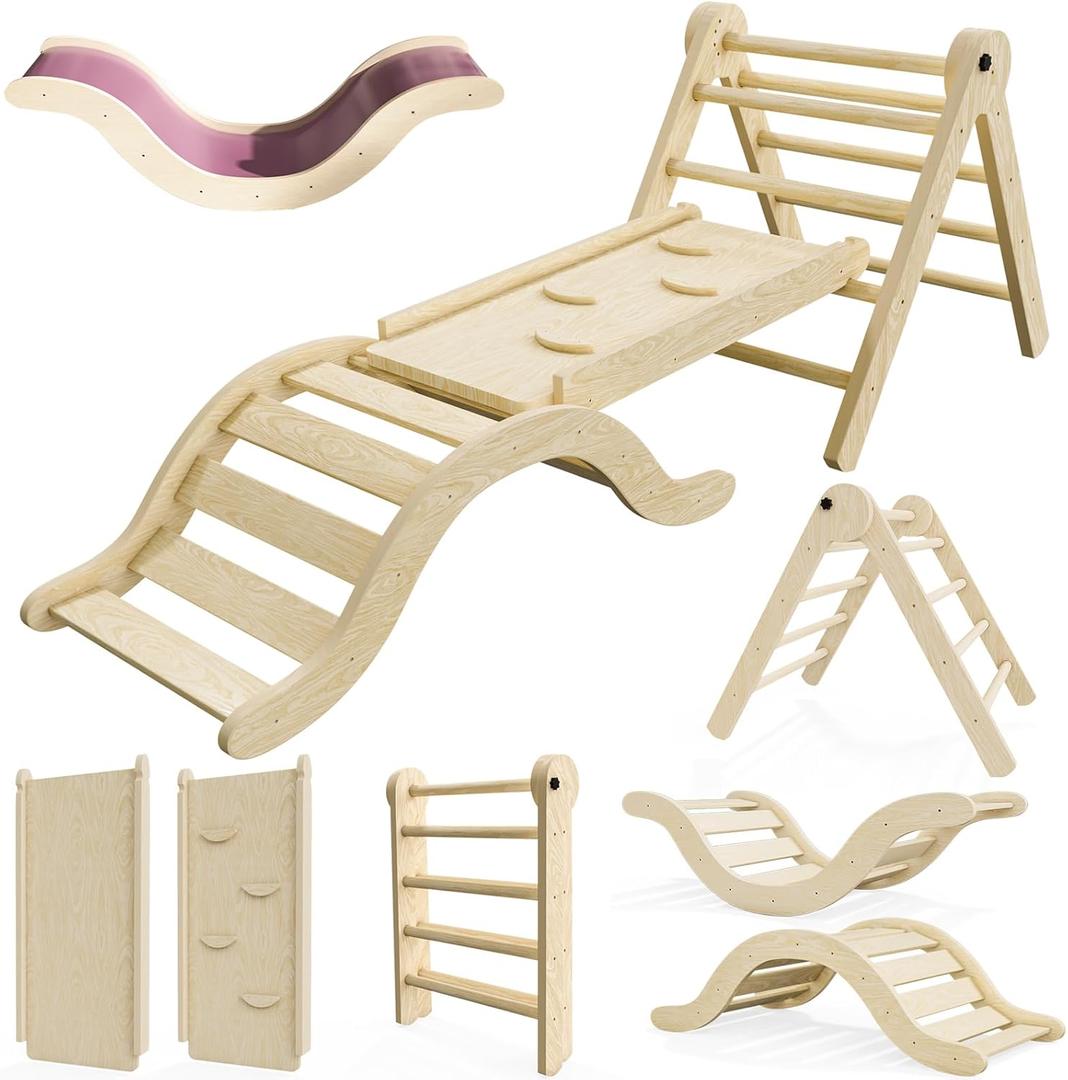 Pikler Triangle Set Climber 5 in 1, Toddler Climbing Toys Indoor Folding with Ramp & Arch & Mat for Montessori Play Gym for Toddlers and Kids (Natural)(99" Wx21 Dx23 H)