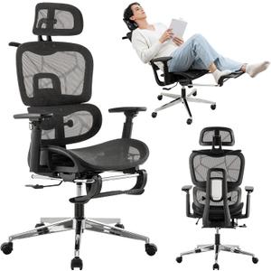 Mesh Ergonomic Office Chair with Footrest,High Back Mesh Gaming Chair with Lumbar Support,Adjustable Headrest and Armrests for Home Office Desk Chair (Black)