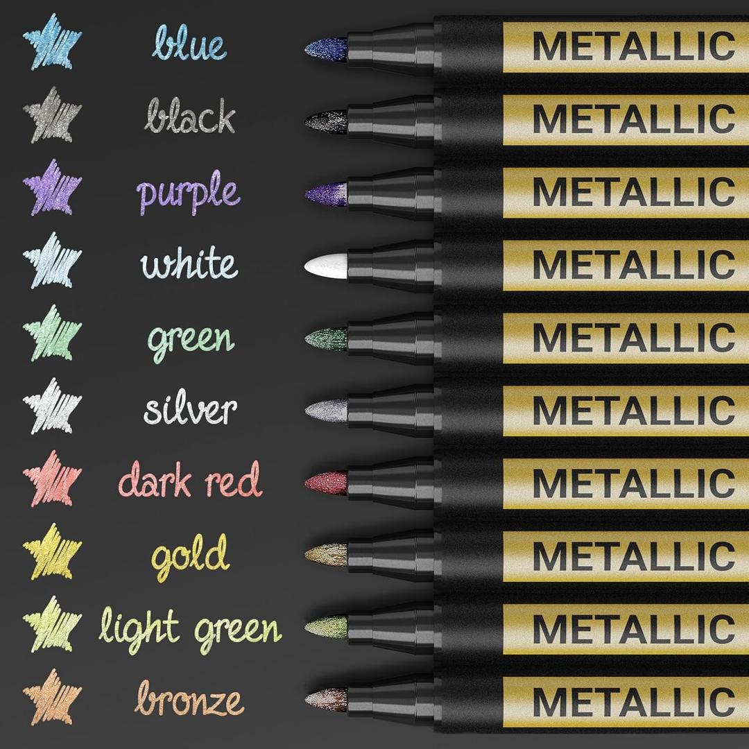 JR.WHITE Metallic Paint Markers, 10 Colors for Rock Painting, Black Paper, Scrapbook, Photo Album, DIY Arts & Crafts, Glass, Wood, Card Making
