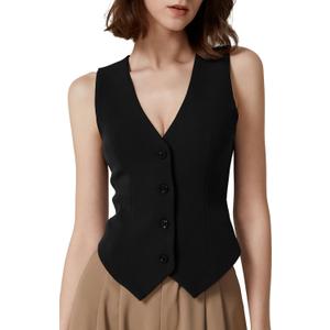 QINSEN Women's V Neck Vest Top Sleeveless Button Down Fully Lined Solid Going Out Crop Tops (Large, Black)