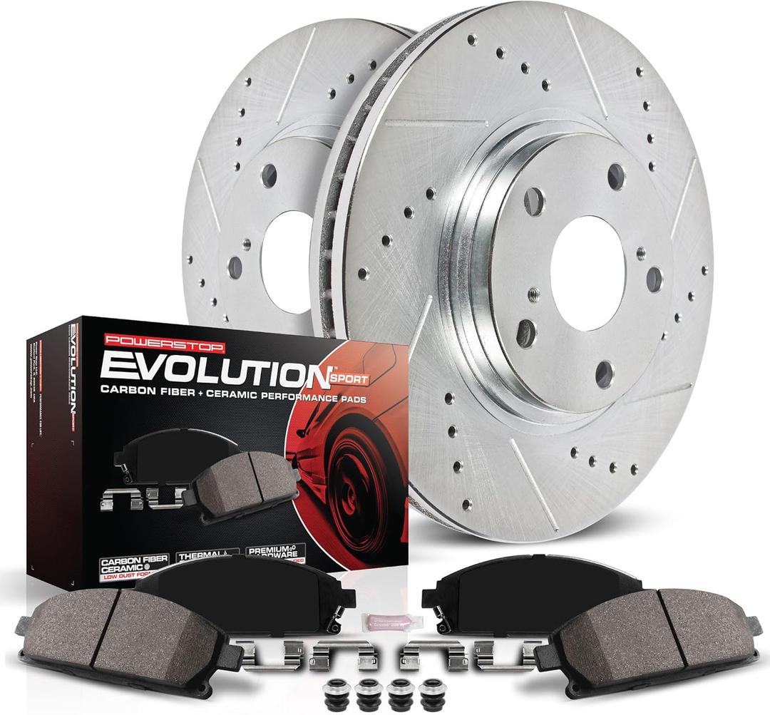 Power Stop K6743 Front Z23 Carbon Fiber Brake Pads with Drilled Slotted Brake Rotors Brake Kit and 1 Front Sensor Wire For BWM 228i 230i 320i 328d 328i 330i 428i 430i [Application Specific]