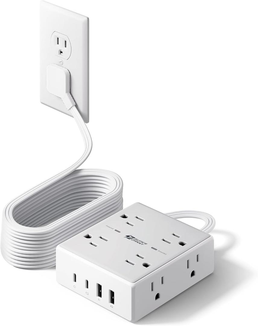 15Ft Long Extension Cord, Surge Protector Power Strip with 8 Outlets & 4 USB Ports (2 USB C), Flat Plug Power Strip Wall Mountable, Desk Charging Station for Home Office, College Dorm Room Essentials