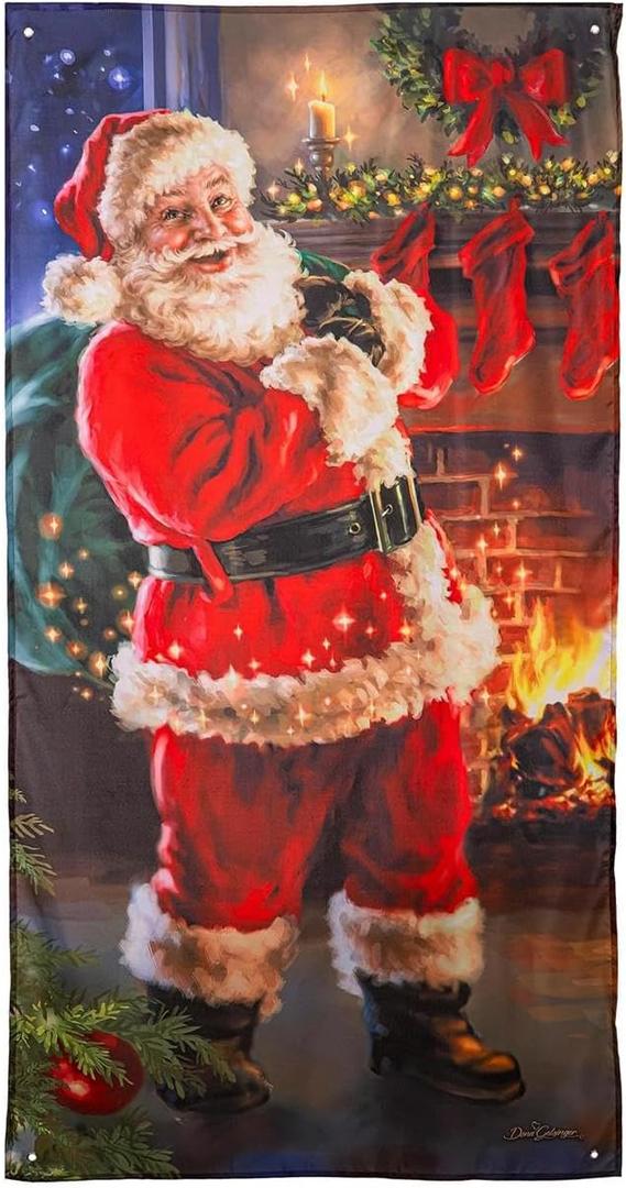 Evergreen Christmas Front Door Cover Jolly Santa Claus| Fits Standard Door Size 71" x 35" | Large Home Banner Sign for Winter Indoor Outdoor Wall House Party Decor
