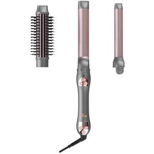 3 in 1 Interchangeable Automatic Rotating Curling Iron & Thermal Brush Set, (1''-1.25'') Curling Iron, Automatic Hair Curler with 1.5'' Heating Round Curling Brush, Instant Heat-Up, Gray
