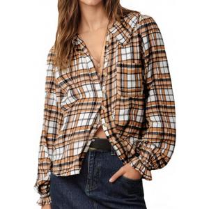 Tankaneo Womens Peter Pan Collar Button Down Shirts Long Sleeve Plaid Blouse Dressy Casual Fall Tops (L, Brown)
