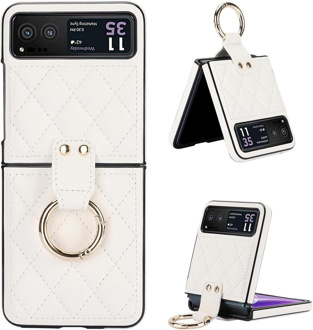 for Motorola Razr Case with Ring, Premium Leather Back Cover Anti-Scratch Shockproof Case for Motorola Razr 2023 (White)