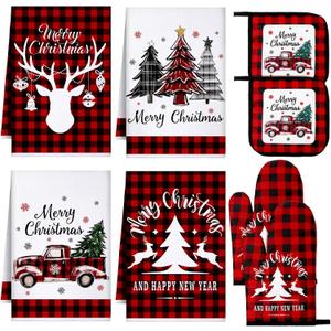 Leinuosen 8 Pcs Christmas Kitchen Decoration Set Christmas Tree Kitchen Towels Oven Mitts and Pot Holders Red Black Buffalo Plaid Dish Towels Oven Mitts Accessories for Baking Cooking(Red,Elk)