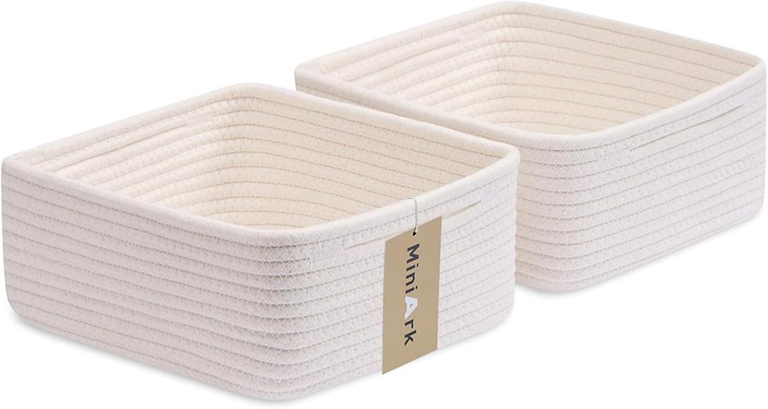 MiniArk Small Square Shallow Baskets for Organizing, 9.7x9.7x4.3 Inch Rope Woven Storage Bins for Cubes Closet, Shelves Storage, Boho Decorative Basket, 2 Packs Off White